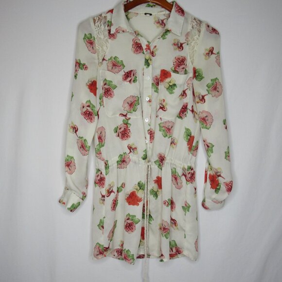 Miss Me Cream Floral Boho Tie Waist Tunic Top Tab Roll Sleeve Women's S Small - Picture 10 of 11